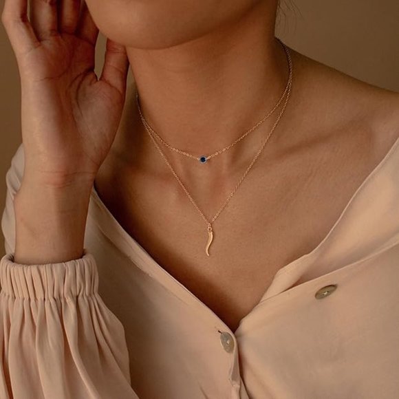 Neiman Marcus 14k Gold Plated Italian Evil Eye Horn Necklace Set - Picture 1 of 5
